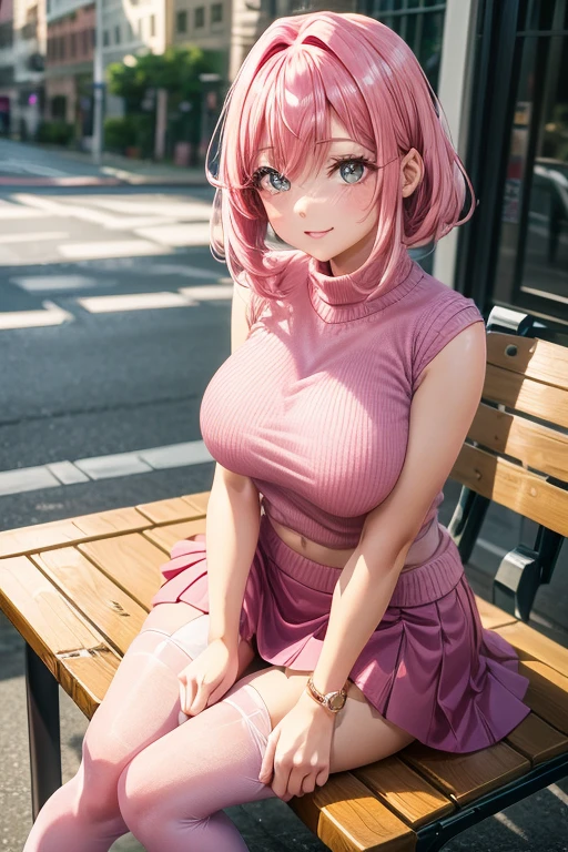 make a girl with pink hair, with a pink sleeveless sweater, with pink miniskirt, with white stockings, Pink shoes. Sitting drawing next to a table.