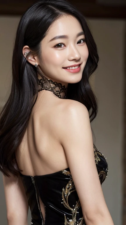 ((Surreal、Super detailed image, maybe a photo.,Captures the details of the skin texture of an incredibly beautiful woman.))Wearing a Lucid Dream dress,long black hair。Close portrait, looking back, smiling.