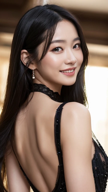 （（Surreal、Super detailed image, maybe a photo.，Captures the details of the skin texture of an incredibly beautiful woman.））Wearing a Lucid Dream dress，long black hair。Close portrait, looking back, smiling.