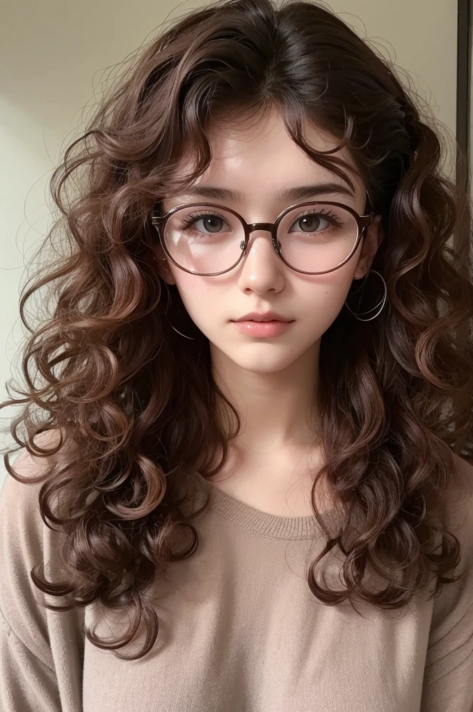 A woman with curly hair, brown skin color, wears glasses, brown hair and brown eyes 