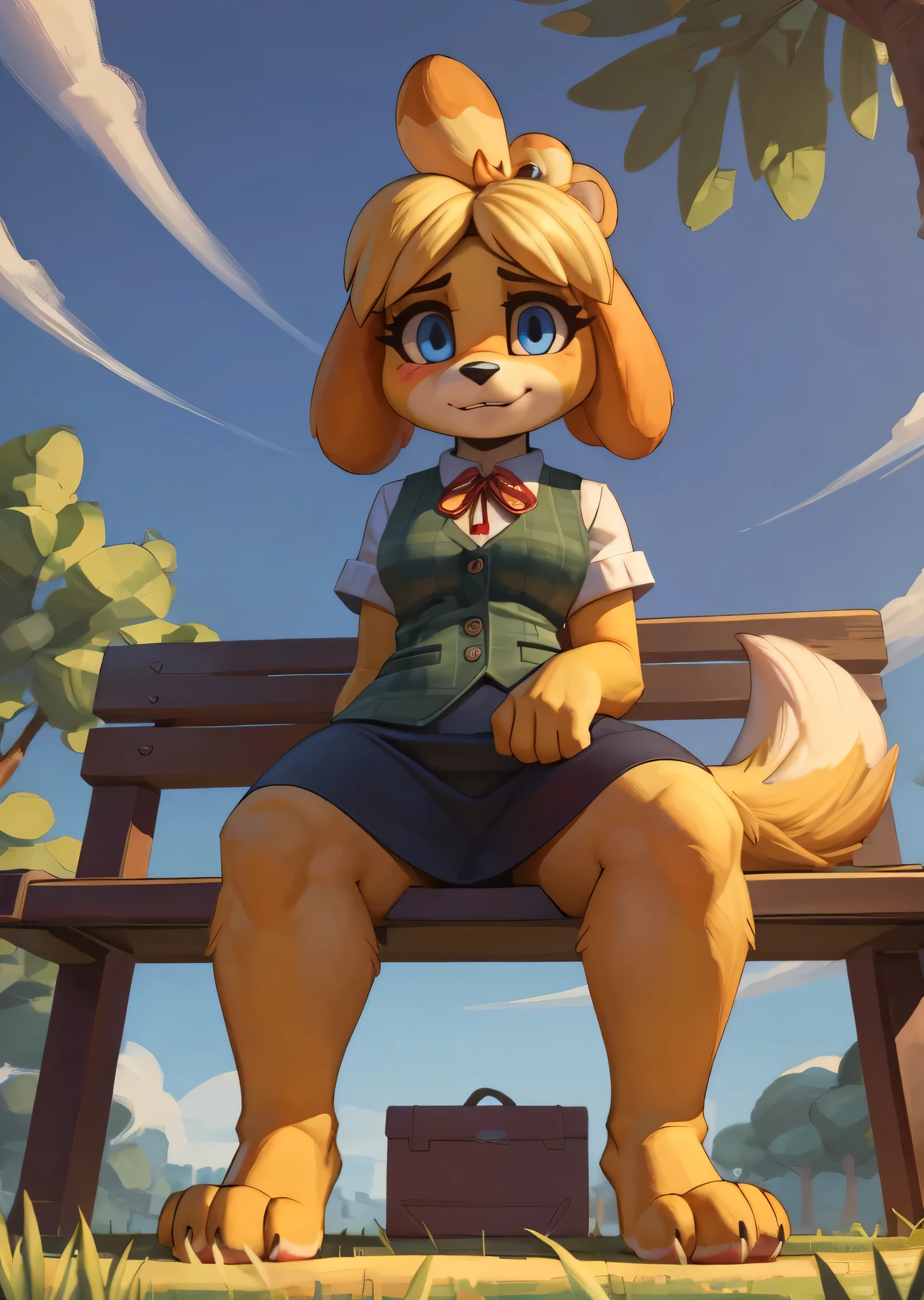 [isaCrossing], [Isabelle], [Animal Crossing], [Uploaded to e621.net; (Pixelsketcher), (wamudraws)], ((masterpiece)), ((HD)), ((high res)), ((solo portrait)), ((full body)), ((low angle view)), ((furry; anthro)), ((detailed fur)), ((detailed shading)), ((beautiful render art)), {anthro; (slim figure), yellow fur, black nose, (cute blue eyes), (blonde hair), (bells in hair), topknot, fluffy tail, (curvy hips), (beautiful legs), (blushing), (cute smile)}, {(red ribbon in hair), (short green vest), (navy blue pencil skirt), (brown loafers)}, {(sitting on bench), (hands in lap), (nervous demeanor), (looking at viewer)}, [background; (park), (grass plains), (beaten path), (blue sky), (sun rays), (ambient lighting)]