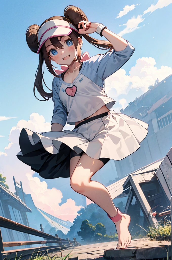 best quality, amazing quality, very aesthetic, absurdres,ro1, hair bun, blue eyes, twintails, visor cap,(bike shorts), (cameltoe),raglan sleeves,shirt,pink bow, wristWatch、Highest quality,smile、(flat chest:1.5)、barefoot、(full body:1.2)、grassland、blue sky