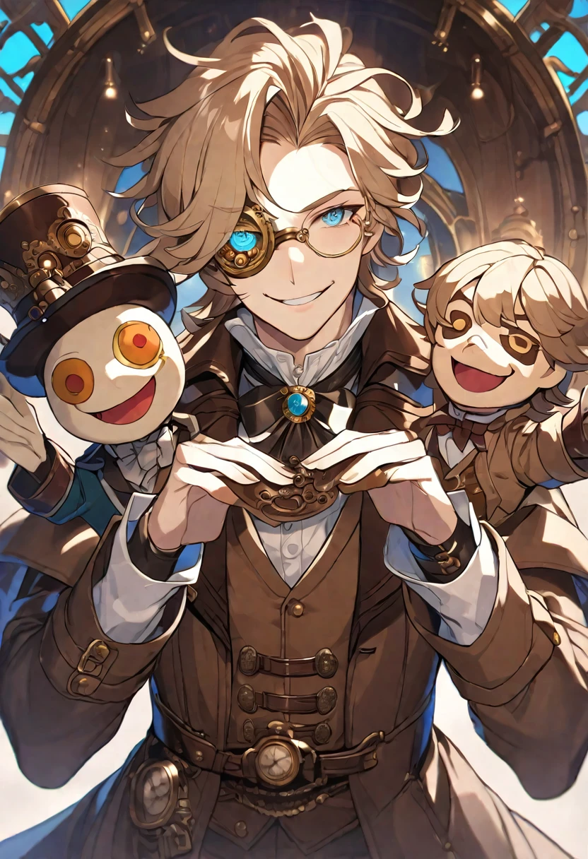 Solo, male, light brown hair, light blue eyes, Victorian period, steam punk, white shirt, brown coat, monocle, smile facial, puppet master