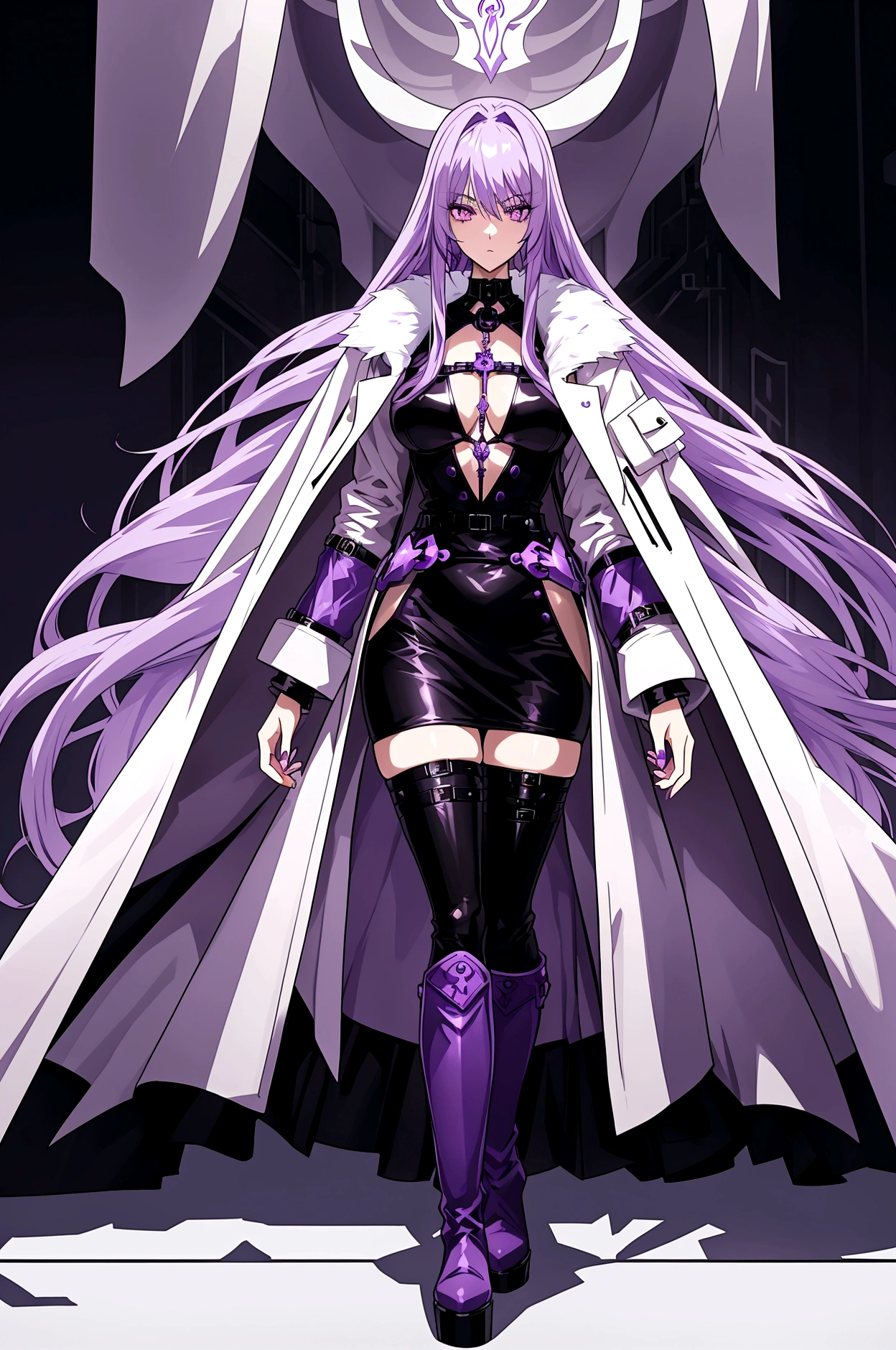 tall female model. fair skin, purple eyes, and thigh-length light purple hair. purple eyes and long, muted light purple hair that is tied at the bottom. and white fur coat that start under the choulders to the legs and narrow high-neck black leather shirt visible on the chest .big  and black boots .hair cover right eye.yae miko similar face

