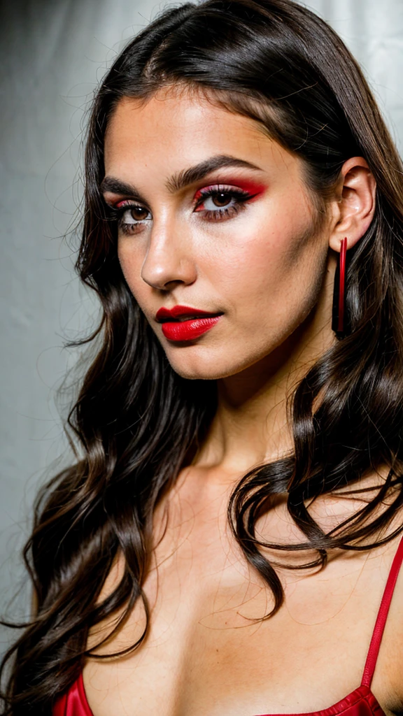 Photoshoot of a woman, Backstage at a show, long dark brown hair, black eyes, red lipstick, ultra realistic