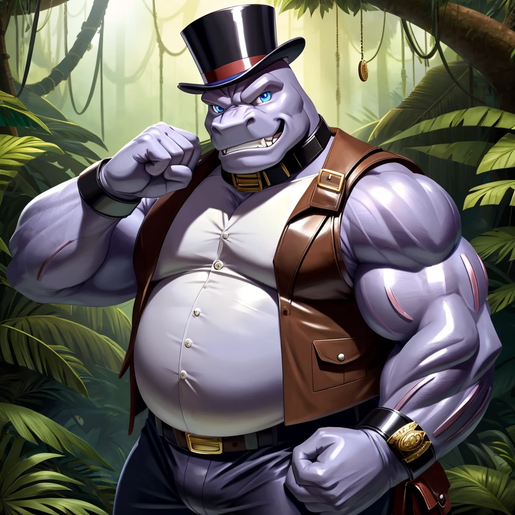 Solo, Male, fat, extremely obese, gentleman, dapper Professor Machoke, blue eyes, (posing:1.3), (soft shading), 4k, hi res, ((detailed face, detailed)), looking at viewer, evil grin, jungle, forest, collared shirt with buttons, top hat, male focus, Explorer Outfit, glasses, monocle, bag, vest with buttons, backpack, sleeves rolled up, round eyewear, brown headwear, brown vest, Machoke is wearing a glossy leather dog collar around the neck, Machoke is wearing the leather collar and shirt and vest at the same time, Machoke is wearing glossy white rubber gloves on the hands, wearing white rubber gloves on the feet, Machoke is wearing glossy white cuffs around the wrists, gold cufflinks gloves are rubber in texture, clenching teeth, clenching fists, leather collar is glossy and shiny with a lot of detail, Machoke is wearing gloves and cuffs and cufflinks at the same time, leather collar has a round dog-tag, leather collar is thick and detailed.