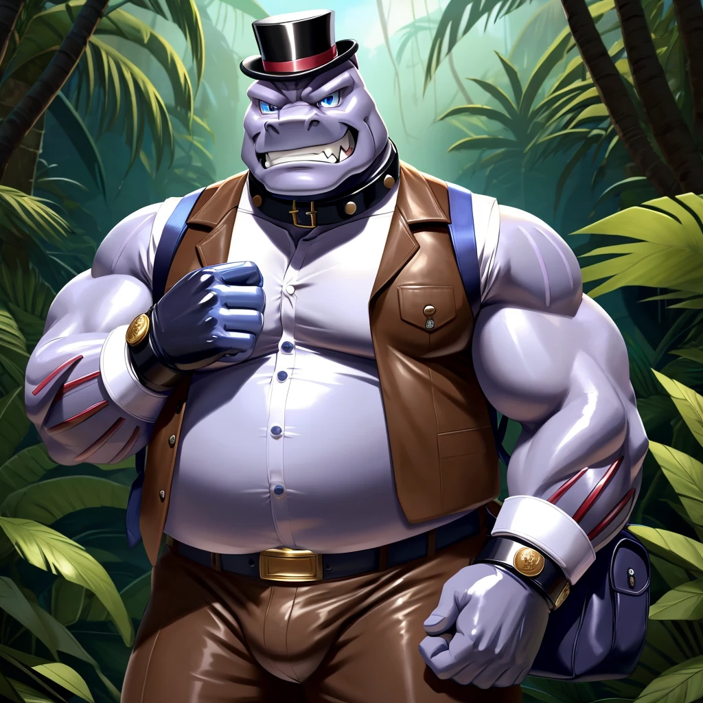 Solo, Male, fat, extremely obese, gentleman, dapper Professor Machoke, blue eyes, (posing:1.3), (soft shading), 4k, hi res, ((detailed face, detailed)), looking at viewer, evil grin, jungle, forest, collared shirt with buttons, top hat, male focus, Explorer Outfit, glasses, monocle, bag, vest with buttons, backpack, sleeves rolled up, round eyewear, brown headwear, brown vest, Machoke is wearing a glossy leather dog collar around the neck, Machoke is wearing the leather collar and shirt and vest at the same time, Machoke is wearing glossy white rubber gloves on the hands, wearing white rubber gloves on the feet, Machoke is wearing glossy white cuffs around the wrists, gold cufflinks gloves are rubber in texture, clenching teeth, clenching fists, leather collar is glossy and shiny with a lot of detail, Machoke is wearing gloves and cuffs and cufflinks at the same time, leather collar has a round dog-tag, leather collar is thick and detailed.
