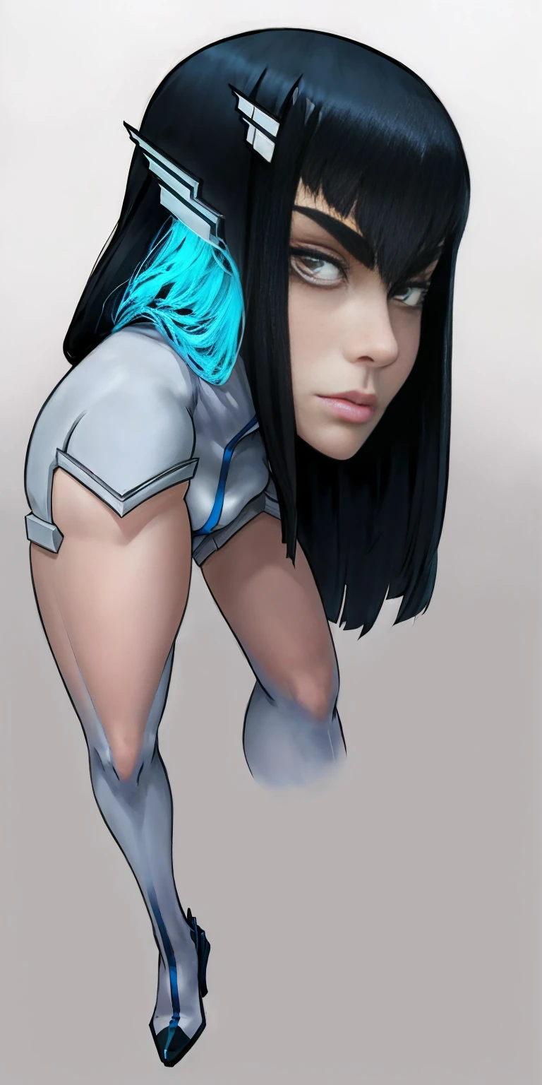 female Satsuki Kiryuin, Satsuki Kiryuin from Kill-la-Kill, mesh stockings, full height, bottom view, best quality, very detailed, ultra 8k resolution,portrait, full body (plain background)