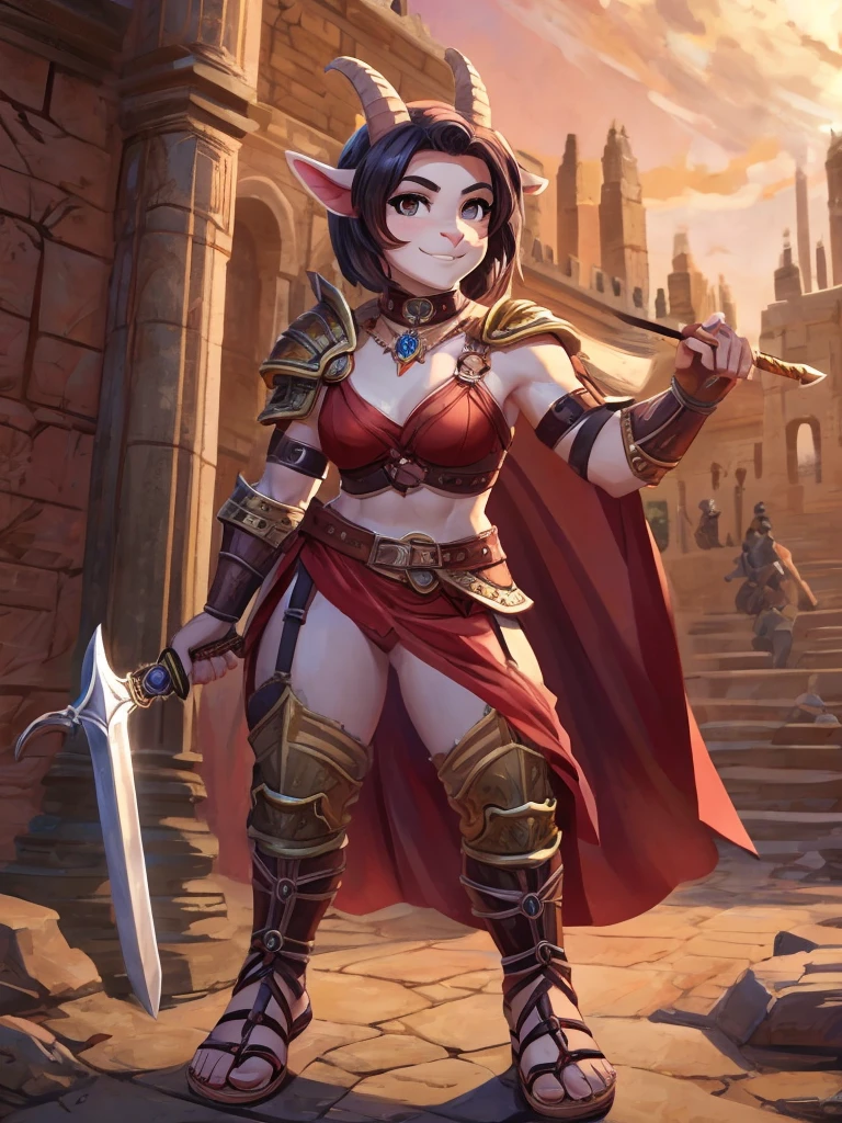 1girl, furry, furry_female, goat_ears, goat_girl, smile, solo, wearing  armor, gladiator flat sandals, gladiator skirt, humanoid feet, holding sword, nosebleed,bloody nose