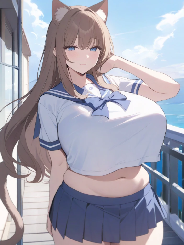 masterpiece, best quality, high quality, beautiful anime character, solo, anime girl with brown hair, soft hair, long hair, blue eyes, cat ears, huge breasts, mature female, tall female, big girl, thick, (calming face, light smile, loving eyes), outdoors, (sailor uniform, pleated skirt, ribbon), short sleeves, cat tail, navel, legs,