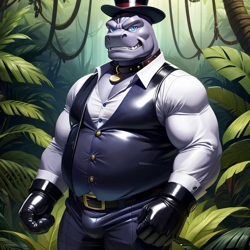 Solo, Male, fat, extremely obese, gentleman, dapper Professor Machoke, blue eyes, (posing:1.3), (soft shading), 4k, hi res, ((detailed face, detailed)), looking at viewer, evil grin, jungle, forest, collared shirt with buttons, top hat, male focus, Explorer Outfit, glasses, monocle, bag, vest with buttons, backpack, sleeves rolled up, round eyewear, brown headwear, brown vest, Machoke is wearing a glossy leather dog collar around the neck, Machoke is wearing the leather collar and shirt and vest at the same time, Machoke is wearing glossy white rubber gloves on the hands, wearing white rubber gloves on the feet, Machoke is wearing glossy white cuffs around the wrists, gold cufflinks gloves are rubber in texture, clenching teeth, clenching fists, leather collar is glossy and shiny with a lot of detail, Machoke is wearing gloves and cuffs and cufflinks at the same time, leather collar has a round dog-tag, leather collar is thick and detailed.