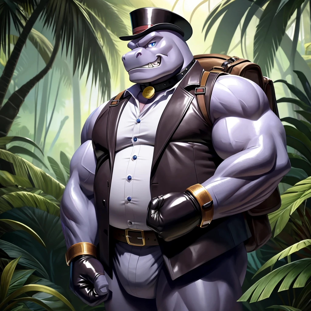 Solo, Male, fat, extremely obese, gentleman, dapper Professor Machoke, blue eyes, (posing:1.3), (soft shading), 4k, hi res, ((detailed face, detailed)), looking at viewer, evil grin, jungle, forest, collared shirt with buttons, top hat, male focus, Explorer Outfit, glasses, monocle, bag, vest with buttons, backpack, sleeves rolled up, round eyewear, brown headwear, brown vest, Machoke is wearing a glossy leather dog collar around the neck, Machoke is wearing the leather collar and shirt and vest at the same time, Machoke is wearing glossy white rubber gloves on the hands, wearing white rubber gloves on the feet, Machoke is wearing glossy white cuffs around the wrists, gold cufflinks gloves are rubber in texture, clenching teeth, clenching fists, leather collar is glossy and shiny with a lot of detail, Machoke is wearing gloves and cuffs and cufflinks at the same time, leather collar has a round dog-tag, leather collar is thick and detailed.
