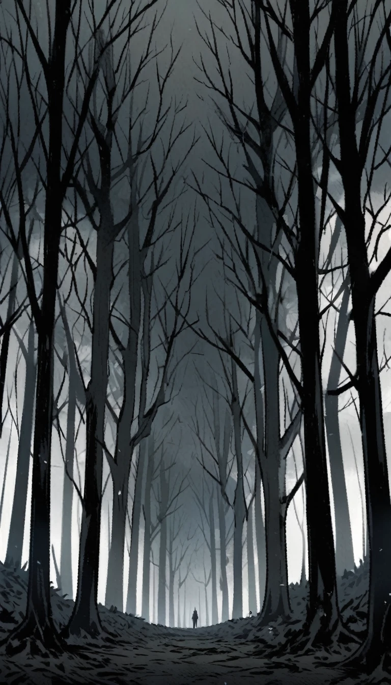 A Forest with black trees no leaves, gloomy atmopshere