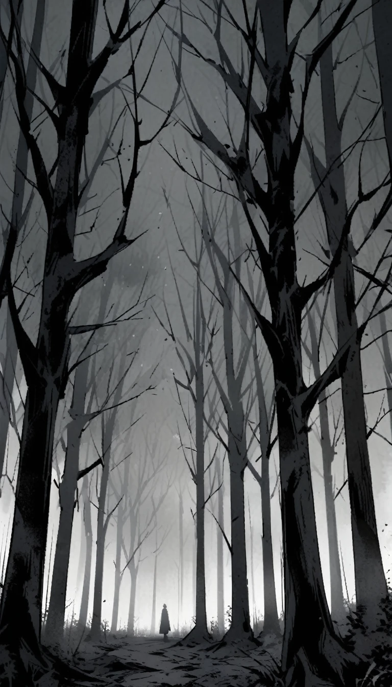 A Forest with black trees no leaves, gloomy atmopshere