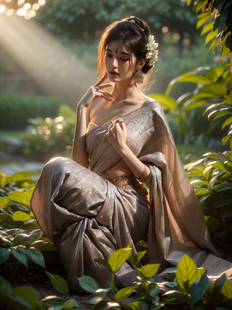 Shot from a lower angle, a woman, dressed in an Indian sari, displays an enchanting pose in a lush garden as twilight sets in. The lighting is soft and soothing, emanating a sense of calm and serenity. Her demeanor holds a certain elusive charm. (Lower angle: 1.4), (enchanting pose: 1.4), (Indian sari: 1.5), (lush garden: 1.3), (dusk: 1.3), (elusive charm: 1.5), (soft soothing lighting: 1.4).