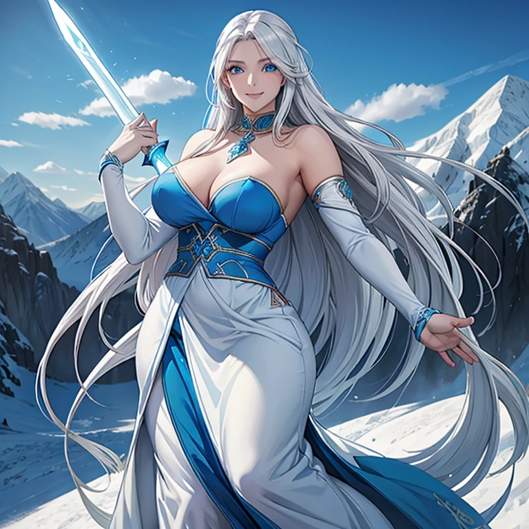 a beautiful woman with long flowing white hair, dancing in the snow while wielding an icy blue sword engulfed in azure flames, her confident smile radiating power, wearing a jade jewelry, floating among the clouds with majestic mountains in the background, highly detailed, cinematic, dramatic lighting, photorealistic, 8k, masterpiece