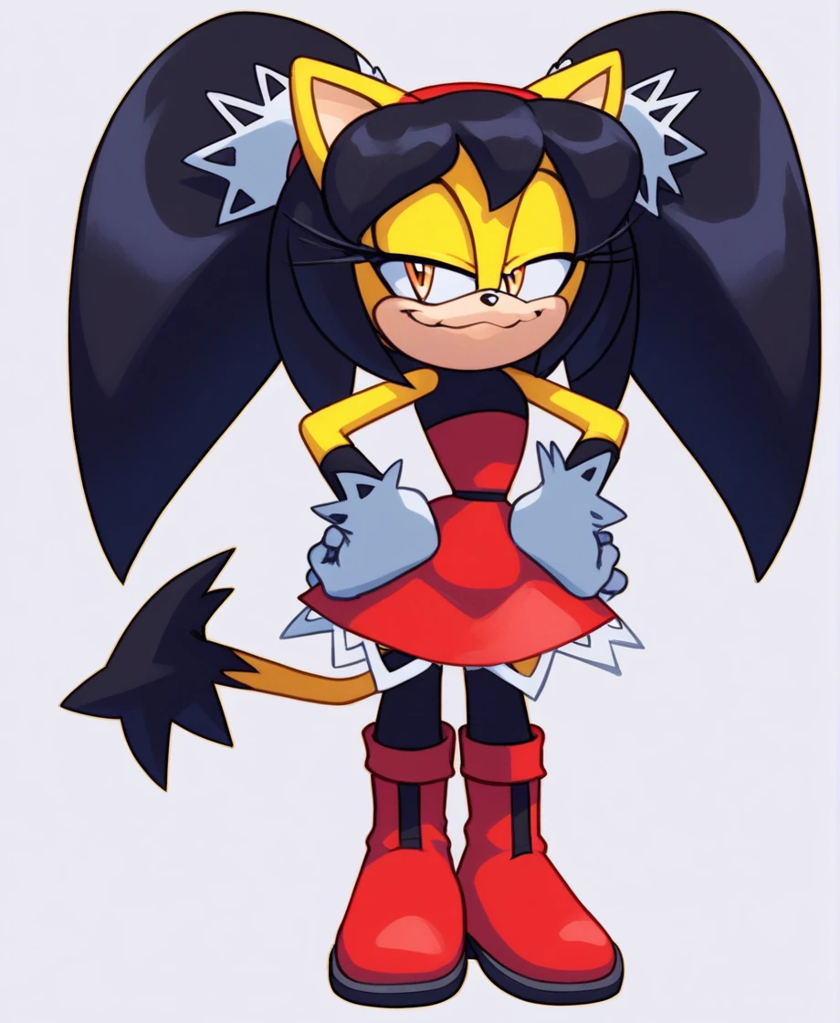 score_9, score_8_up, 2D, flat color, a plain white background with nothing in it, looking at viewer, 1girl, very detailed, extremely detailed, honey the cat from the sonic the hedgehog series, standing, full body, wide hips, narrow waist, curvy, frilly hair ties, half-closed eyes, smug smile, red leotard (latex leotard), (black stockings), (red boots), hands on hips