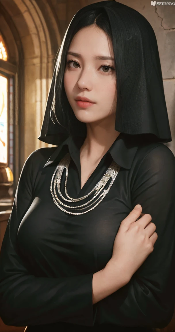 Santa vincenza Gerosa, (Black hair), Straight hair, dark clothes, nun outfit, holy necklace, long face, big hair, Straight hair, (photorealistic:1.2), (Artwork), best quality, (detailed face:1.4), CRU photo, 8K ultra-realistic, perfect art, (Calm background and church:1. 2),, photo,Artwork,best quality,hdr,high resolution,Realistic details,8K,hdr,high resolution,absurd,nun in focus,Santa vincenza Gerosa,expressive,medium breasts,Artwork,ultra realistic,32K,extremely detailed CG unit wallpaper 8k, best quality, composition of section from head to waist.