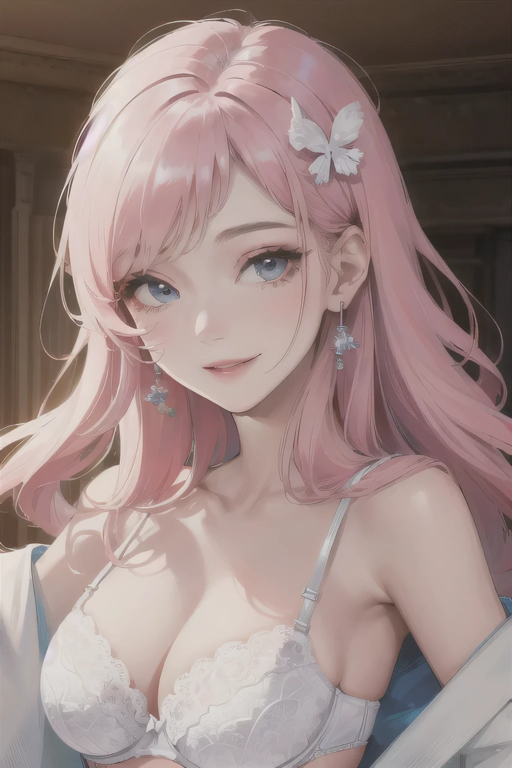 8k Highest image quality(very clear image), ultra-high definition,Delicate and beautiful hair, eyes and face, Realistic, Super detailed, beautiful girl, Very big breasts and very big hips, smile, ((eyes are smiling Open both eyes)), Sexy look, Dynamic Hair, Straight long hair, Platinum pink hair details, Blue eyes glow, In underwear(White J-cup bra and white lace panties)Pale skin, hair ornaments, indoor,bedroom