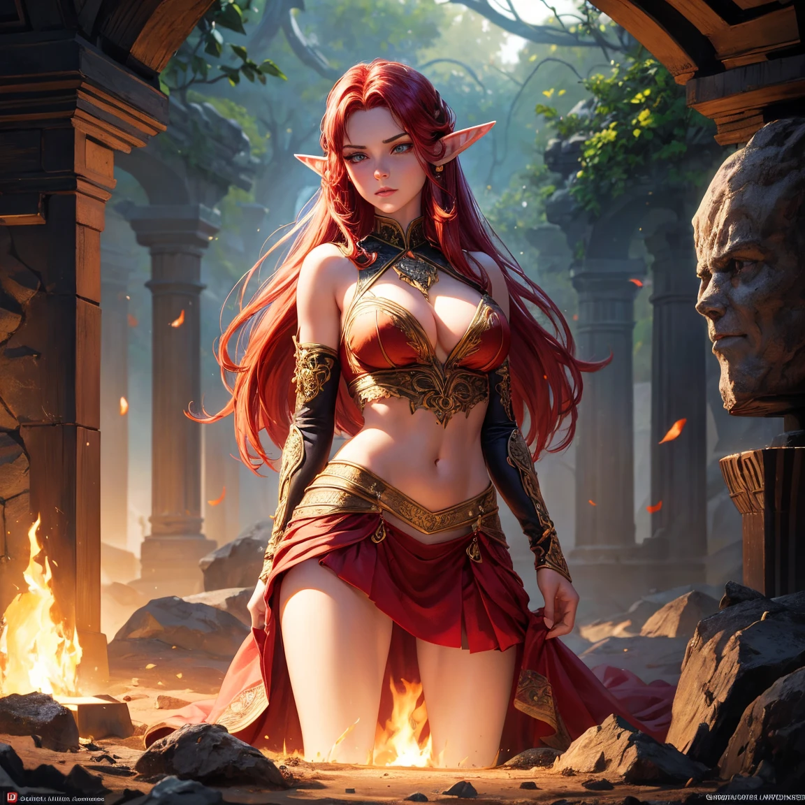 a girl, 1girl, elf, redhead long hair, breasts, long pointed ears, bright green eyes!!!, serious face, sexy red crop top!!, deep neckline, sexy red skirt!!, fire magic, full body, full body, tent, very sexy body, detailed face, beautiful detailed eyes, beautiful detailed lips, extremely detailed eyes and face, long eyelashes, detailed clothing, intricate details, highly detailed, photo realistic, 8k, best quality, masterpiece, cinematic lighting, dramatic lighting, vibrant colors, fantasy, digital art, concept art
