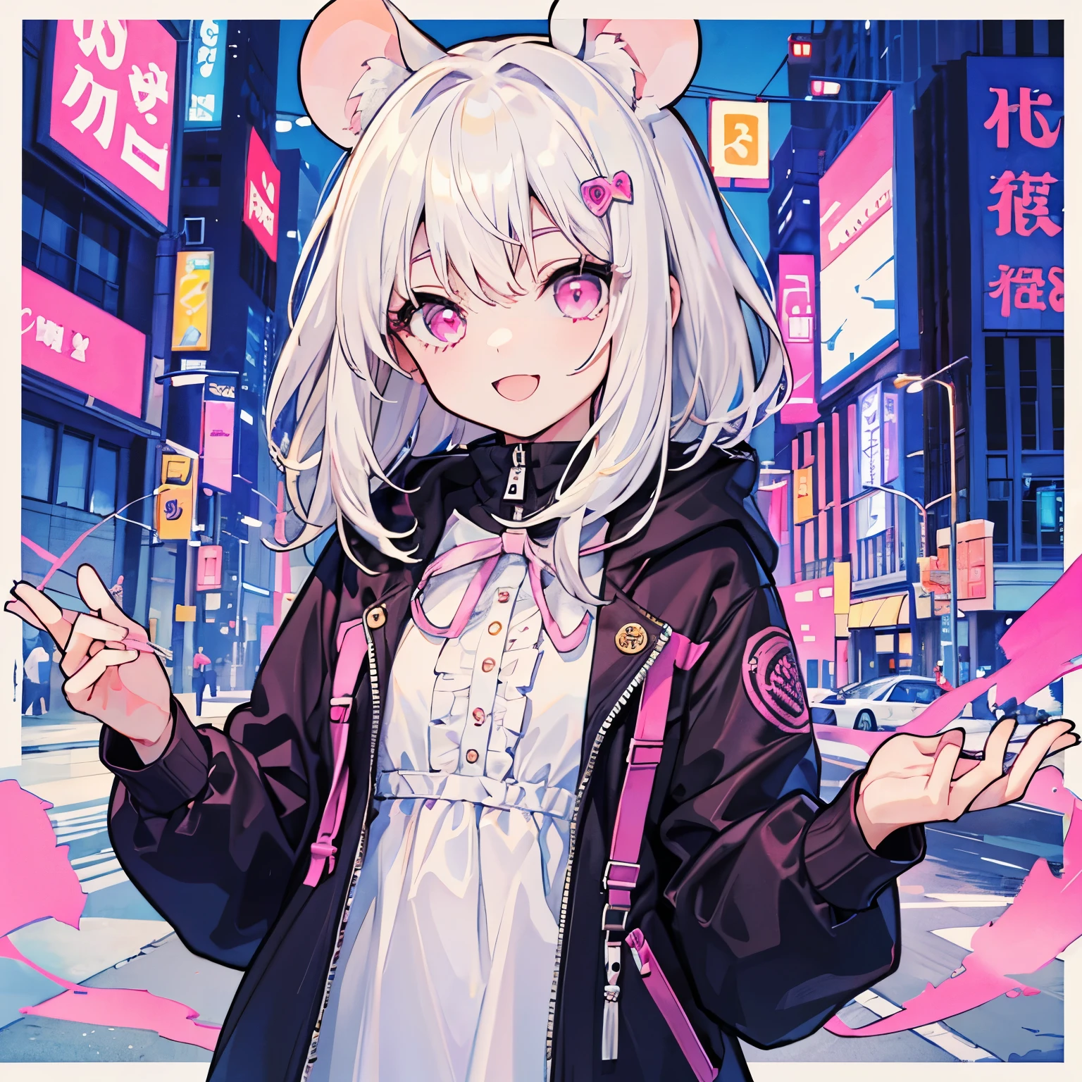 Transparent watercolor、girl、Jewel Eyes、Beautiful arrangements and motifs、Depth of written border、1girl, White Hair((Medium Hair、Wavy Hair)), White tips,((Pink and white)),Background beige、Mouse Girl、Mouse Girl、Mouse Ears、Beautiful clothes、Yellow and white motif ribbon dress、smile、Pink eyes、Background birch tree、Solo Illustration、High neck、Mysterious Girl、Frilled shirt、Black oversized hoodie、Open hoodie、It has lots of black strings attached.、Cyberpunk hoodies