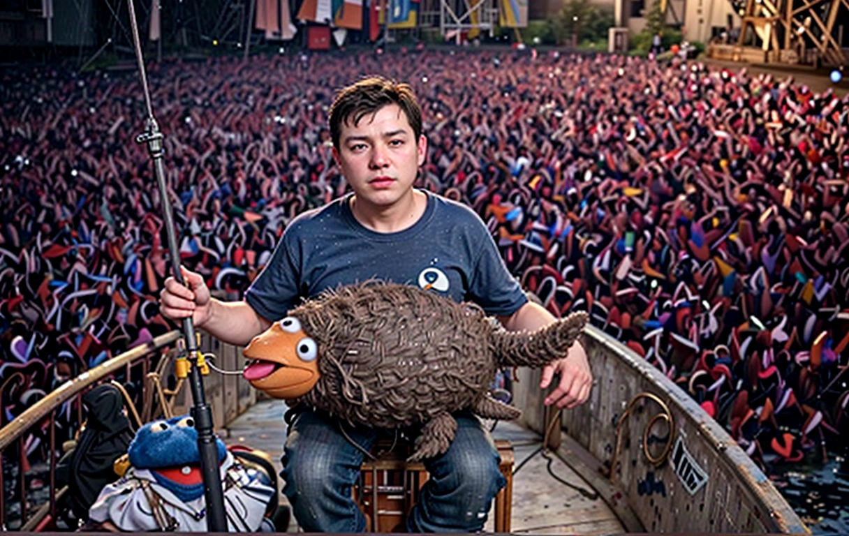 Araffe on a boat with a puppet in front of a large crowd, dawn of the lamb, portrait of pixar weta, artem chebokha, portrait of weta da disney, Arte em primeiro plano : eloymorales, Vladimir Pchelin, Andrey Gordeev, bogdan rezunenko, Mikhail Vrubel e Wadim Kashin, Sergei Zabelin
