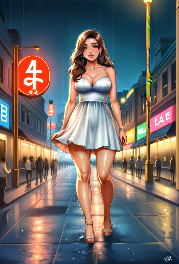 a beautiful cyborg woman, intricate details, masterpiece, absurdres, beautiful figure, slim body, magnificent anatomy, intricate details:1.12, HDR, intricate details, hyper-detailing:1.15, natural skin textures, hyper realistic, soft light, sharp:1.2, walking through a crowded city street, squatting, wet dress, performance, defile, cityscape, modern architecture, neon lights, rainy environment, reflective surfaces, dramatic lighting, heavy rain, raindrops, downpour, wet hair, wet pussy