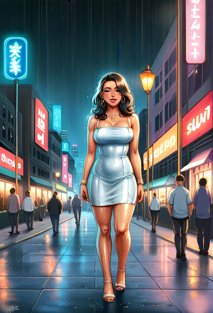 a beautiful cyborg woman, intricate details, masterpiece, absurdres, beautiful figure, slim body, magnificent anatomy, intricate details:1.12, HDR, intricate details, hyper-detailing:1.15, natural skin textures, hyper realistic, soft light, sharp:1.2, walking through a crowded city street, squatting, wet dress, performance, defile, cityscape, modern architecture, neon lights, rainy environment, reflective surfaces, dramatic lighting, heavy rain, raindrops, downpour, wet hair, wet pussy