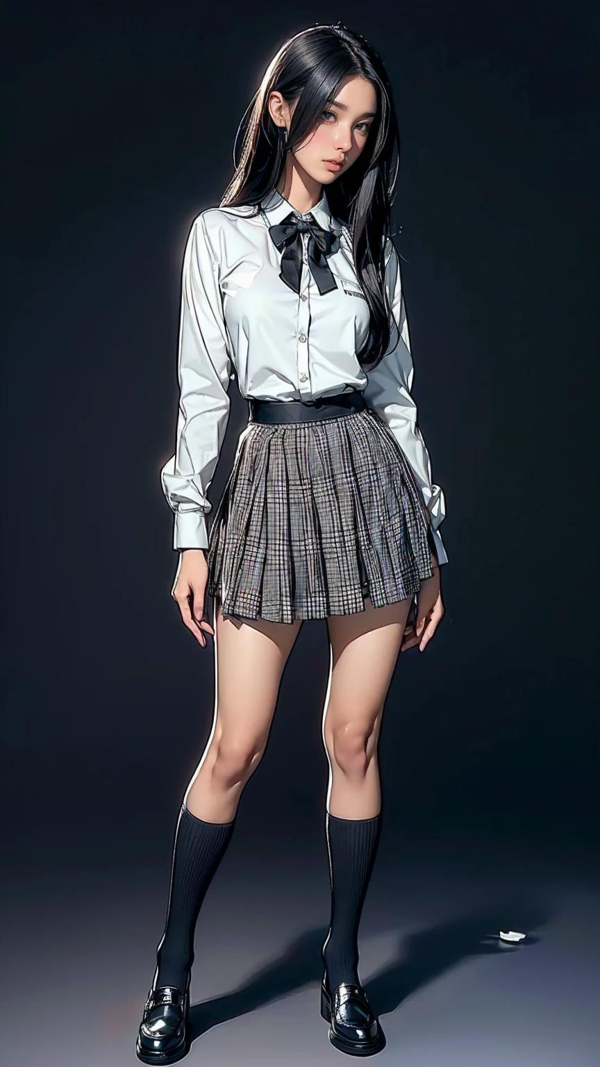 ((best quality,4k,highres,masterpiece:1.2)),((character concept art)), 1 female, teenage female, 15-year-old Asian beauty queen, ((black shoulder-length hair)), black hair, (snow-white skin colour), ultra finely detailed eyes (brown eyes colour), confident, beautiful, , slim body build, ((intricate detail)), super finely detailed hands, ultra finely detailed fingers(((ten fingers))), wearing navy stripe school blazer over white long sleeves school shirt with loosened bore,, plaid mini school skirt, black school sock, and black school loafers, (standing provocatively), (full body showcase), (show full body), (no logos on background), (no logo), ((plain background)), ((plain background)), (((empty background)))