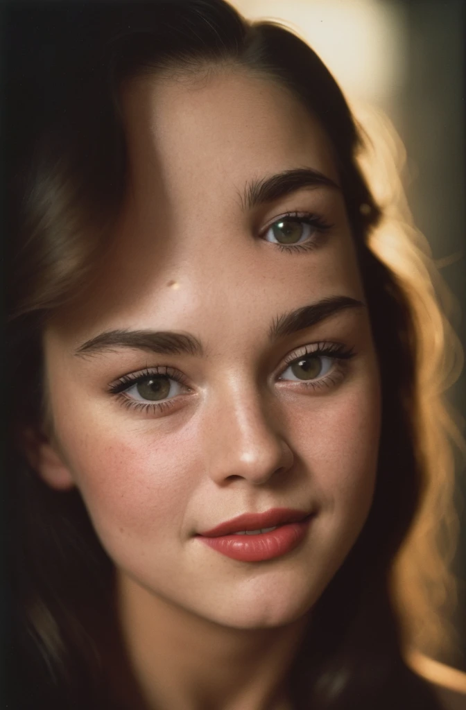 (close-up, editorial photograph of a 20 yo woman from the 1940's), (highly detailed face:1.4) (smile:0.7) (background inside dark, moody, private study:1.3) POV, by lee jeffries, nikon d850, film stock photograph ,4 kodak portra 400 ,camera f1.6 lens ,rich colors ,hyper realistic ,lifelike texture, dramatic lighting , cinestill 800,