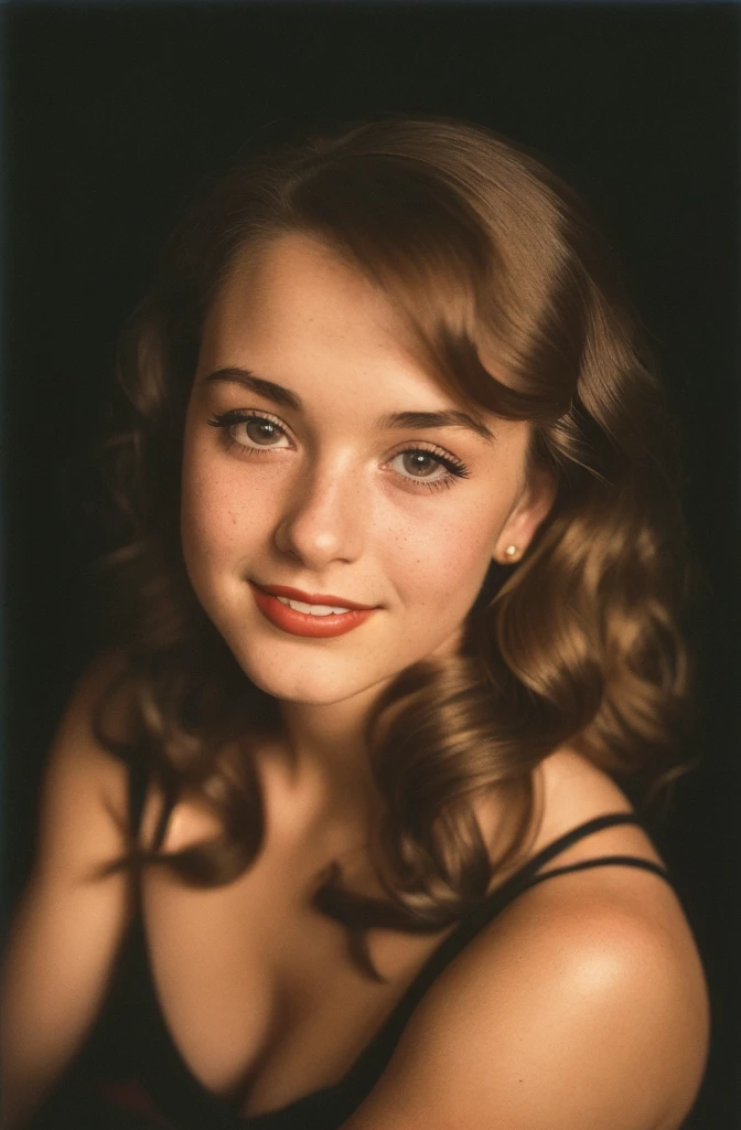 (close-up, editorial photograph of a 20 yo woman from the 1940's), (highly detailed face:1.4) (smile:0.7) (background inside dark, moody, private study:1.3) POV, by lee jeffries, nikon d850, film stock photograph ,4 kodak portra 400 ,camera f1.6 lens ,rich colors ,hyper realistic ,lifelike texture, dramatic lighting , cinestill 800,