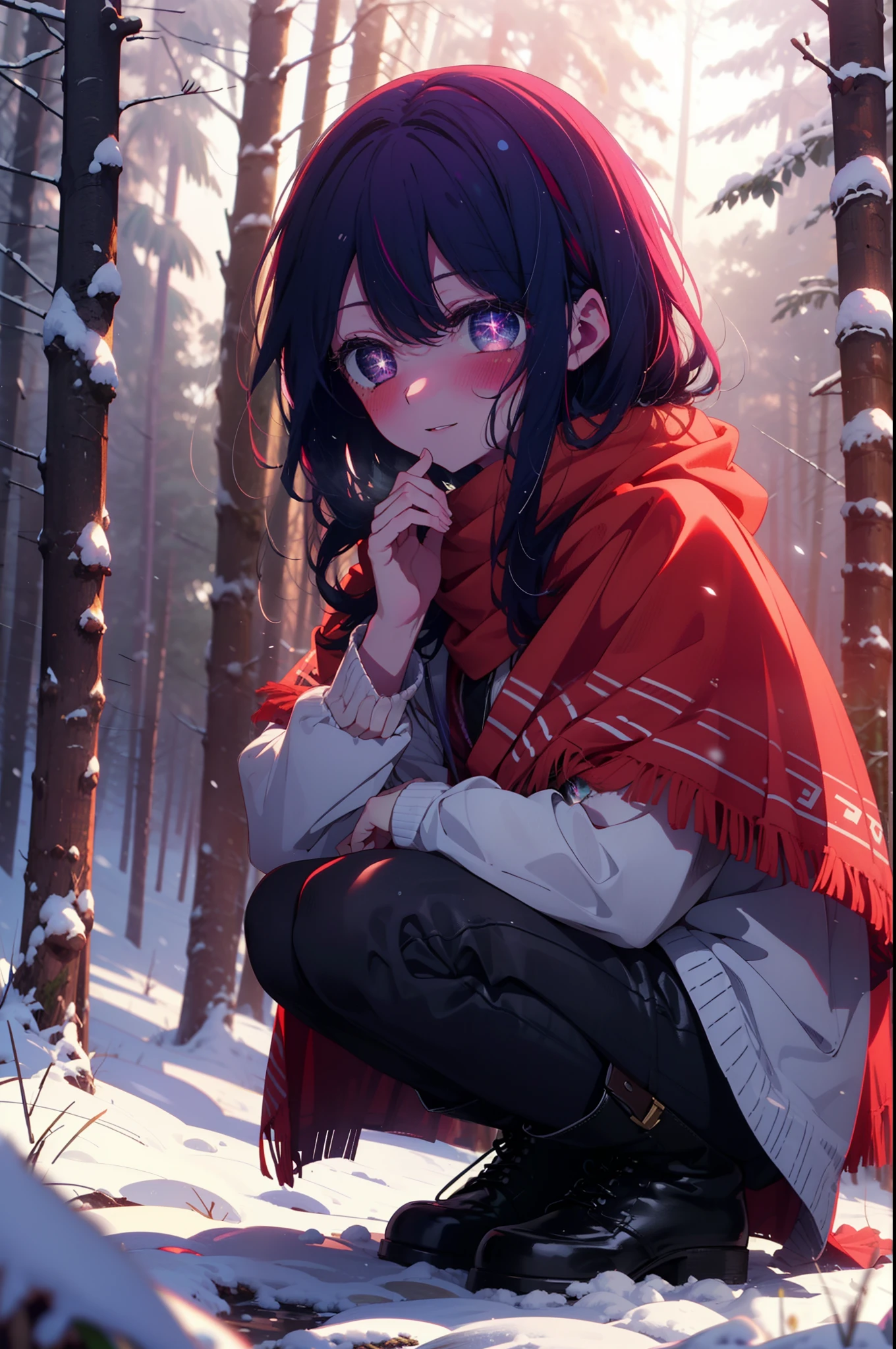 aihoshino, Ai Hoshino, Long Hair, bangs, (Purple eyes:1.1), Purple Hair, (Symbol-shaped pupil:1.5), smile,,smile,blush,White Breath,
Open your mouth,snow,Ground bonfire, Outdoor, boots, snowing, From the side, wood, suitcase, Cape, Blurred, , forest, White handbag, nature, Squat, Mouth closed, Cape, winter, Written boundary depth, Black shoes, red Cape break looking at viewer, Upper Body, whole body, break Outdoor, forest, nature, break (masterpiece:1.2), Highest quality, High resolution, unity 8k wallpaper, (shape:0.8), (Beautiful and beautiful eyes:1.6), Highly detailed face, Perfect lighting, Extremely detailed CG, (Perfect hands, Perfect Anatomy),