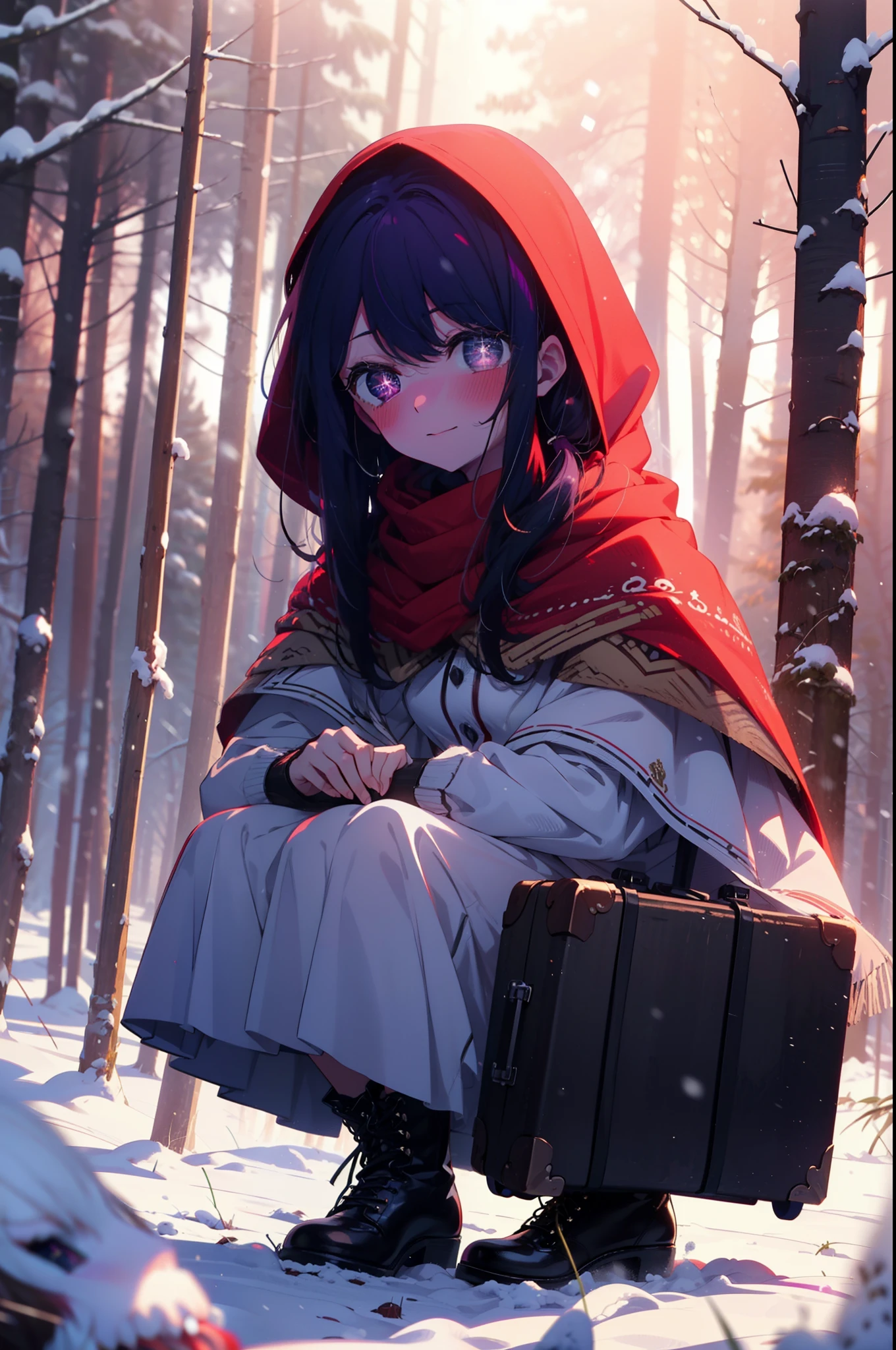 aihoshino, Ai Hoshino, Long Hair, bangs, (Purple eyes:1.1), Purple Hair, (Symbol-shaped pupil:1.5), smile,,smile,blush,White Breath,
Open your mouth,snow,Ground bonfire, Outdoor, boots, snowing, From the side, wood, suitcase, Cape, Blurred, , forest, White handbag, nature, Squat, Mouth closed, Cape, winter, Written boundary depth, Black shoes, red Cape break looking at viewer, Upper Body, whole body, break Outdoor, forest, nature, break (masterpiece:1.2), Highest quality, High resolution, unity 8k wallpaper, (shape:0.8), (Beautiful and beautiful eyes:1.6), Highly detailed face, Perfect lighting, Extremely detailed CG, (Perfect hands, Perfect Anatomy),
