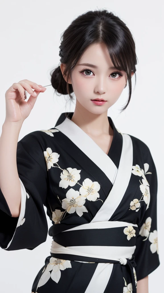 (((forehead、Northern Europe、White people、beautiful girl、Black Hair、White background、yukata、Chignon)))、table top, highest quality, figure, super detailed, finely, High resolution, 8k wallpaper, Perfect dynamic composition, detailed and beautiful eyes, Deco out,bionde, breasts, Natural color lip,white background, random cute poses,