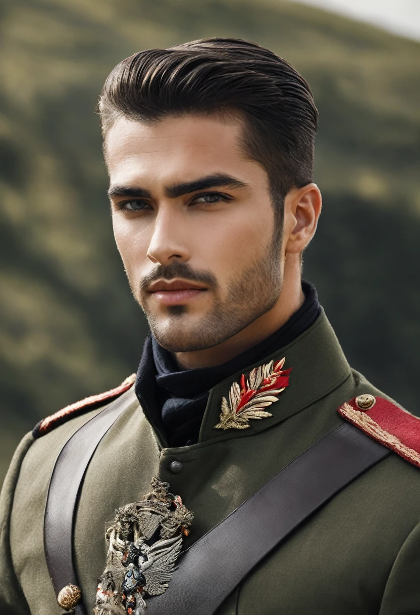 Create a very handsome and military dark romance man with an attractive look, don't add a beard