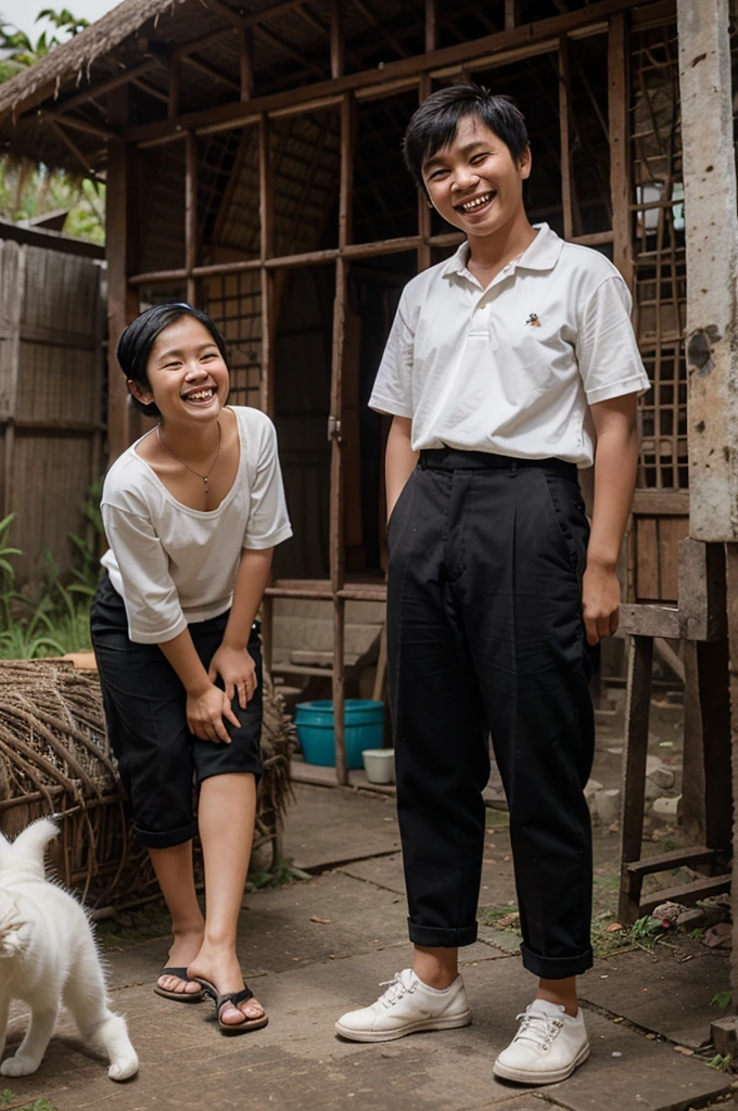 an Indonesian teenager with short hair wearing black trousers is holding a cute white cat with thick fur, laughing out loud looking at the camera, background in front of an old hut
