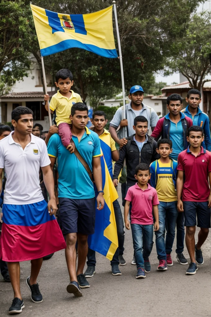 Group of migrants including a family and dad carrying a flag of Ecuador 
