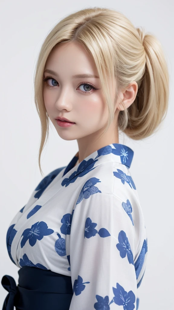 (((forehead、White Blonde Hair、Northern Europe、White people、beautiful girl、Blonde、White background、yukata、Chignon)))、table top, highest quality, figure, super detailed, finely, High resolution, 8k wallpaper, Perfect dynamic composition, detailed and beautiful eyes, Deco out,bionde, medium hair, big breasts, Natural color lip,white background, random cute poses,frill dress
