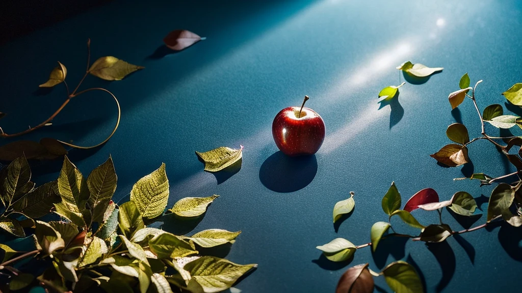 Create a micro photography image of an Glossy shiny vibrant apple with a glossy, reflective surface. The apple should have ornate gold and azure embellishments forming a crescent on one side, with intricate designs featuring small red gemstones and golden stars. Include a single golden leaf attached to the stem of the apple. The background should be a deep azure hue with a subtle gradient, ultra HD 64k hyperrealism studio lightning light reflection