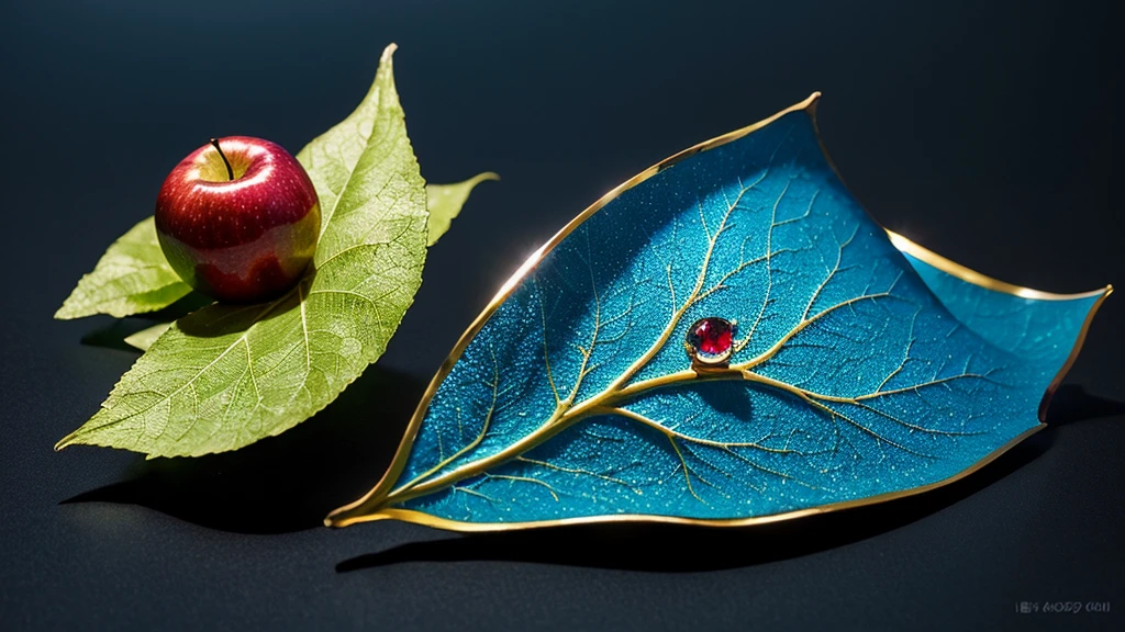 Create a micro photography image of an Glossy shiny vibrant apple with a glossy, reflective surface. The apple should have ornate gold and azure embellishments forming a crescent on one side, with intricate designs featuring small red gemstones and golden stars. Include a single golden leaf attached to the stem of the apple. The background should be a deep azure hue with a subtle gradient, ultra HD 64k hyperrealism studio lightning light reflection