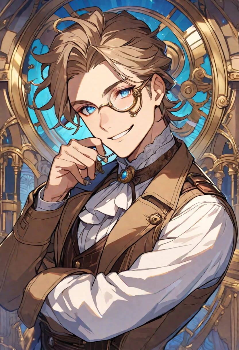 Solo, handsome, 1 male, 20s, light brown hair, light blue eyes, Victorian period, steam punk, white shirt, brown coat, monocle, smile facial