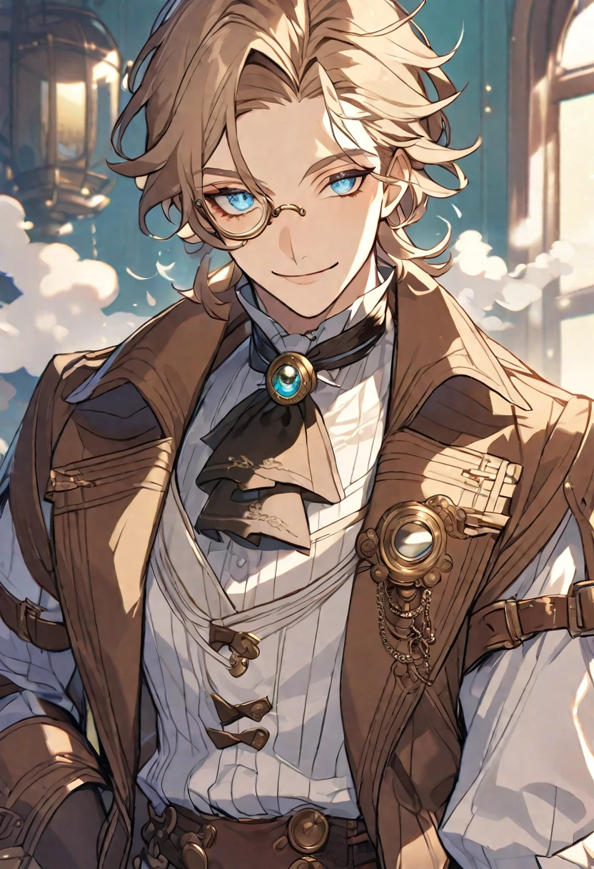 Solo, handsome, 1 male, 20s, light brown hair, light blue eyes, Victorian period, steam punk, white shirt, brown coat, monocle, smile facial