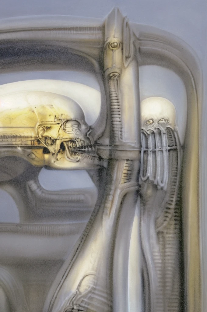 g1g3r, Giger_style, The image is a detailed view of H.R. Giger's \" Li II \" plate, featuring a complex network of bones and organs in a purple-brown hue ,swirling gray and brown colorsgroup of three alien figures positioned in the foreground. Emaciated and skeletal, with hollow eyes, they appear to be constructed from bone and metallic elements, a characteristic fusion of organic and mechanical forms found in Giger's biomechanical art.
The image features a robotic humanoid figure with intricate mechanical details, standing in a room with a glowing screen displaying the word \"EVE\" and a hand reaching out to touch its face. The background is a dark and limited space painted in a uniform blue-green color. This lack of detail keeps the focus on the figures and creates a sense of mystery about their environment. Receding into the distance are a series of arches and tunnels that hint at a larger biomechanical landscape, possibly the work of the creatures themselves The artwork is silver and purplish brown, with an ivory bones prominently displayed. The image is highly detailed and intricate, almost like a 3d version of a medical diagram (detailed view of an anatomy model, possibly of a human body, with transparent organs and bones exposed). The piece has a thick mechano-organic texture and is covered in fine details. The image has a swirling, organic quality to it. The artistic manner would be unmistakably Gigeresque. A dark and unsettling beauty would permeate the piece, blurring the lines between fascination and repulsion , forever haunted by the grotesque allure. Giger's signature artistic manner would be evident in every stroke. The airbrush would be wielded with masterful precision to create a hyperrealistic yet nightmarish aesthetic.., ooze soaked pajama top