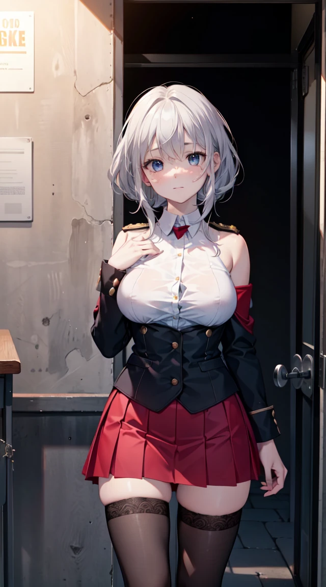 (Best quality at best, 4K, 8K, A high resolution, masterpiece:1.2), ultra - detailed, Nice face, detailedfacialfeatures, Breast size is medium, Realistic skin, wears uniform, underbust singe, sleeveless top, (A high resolution: 1.1), (actual: 0.9), (Vibrant colors), (youthful), (dynamics), (beautiful  detailed face), (detailedfacialfeatures), (Breast size is medium), (one bar prison), one bar prison goes up under skirt, thigh highs, one bar prison between thighs, thigh gap, in front of classroom, in front of black board, thick one bar prison