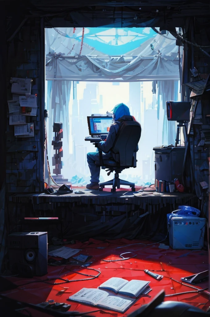 Make a male character in his gamer room writing in his notebook 