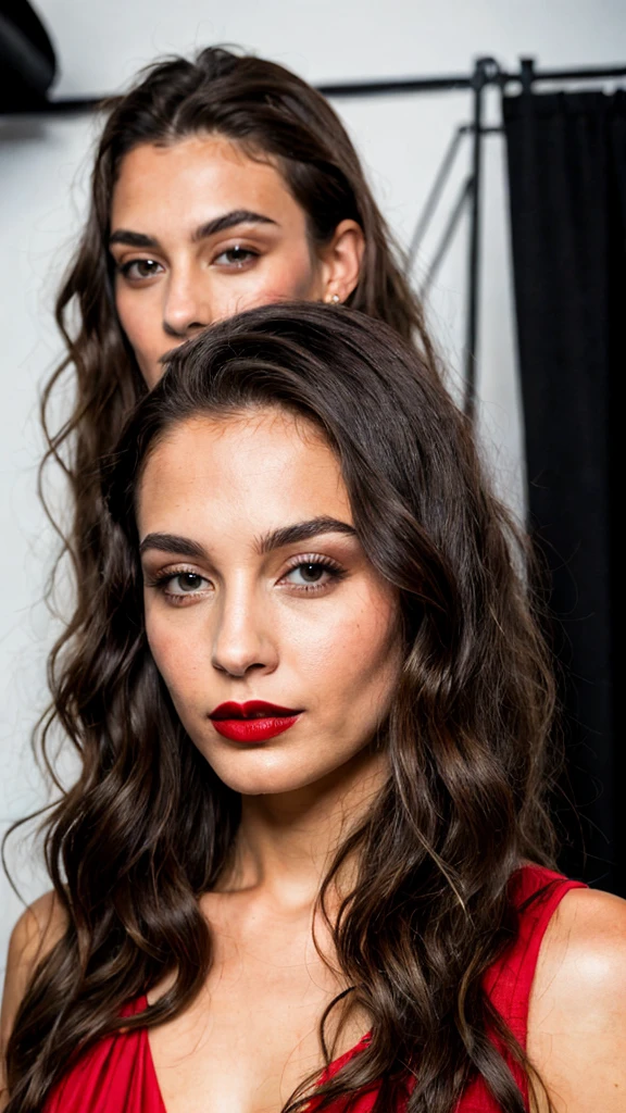 Photoshoot of a woman, Backstage at a show, long dark brown hair, black eyes, red lipstick, ultra realistic