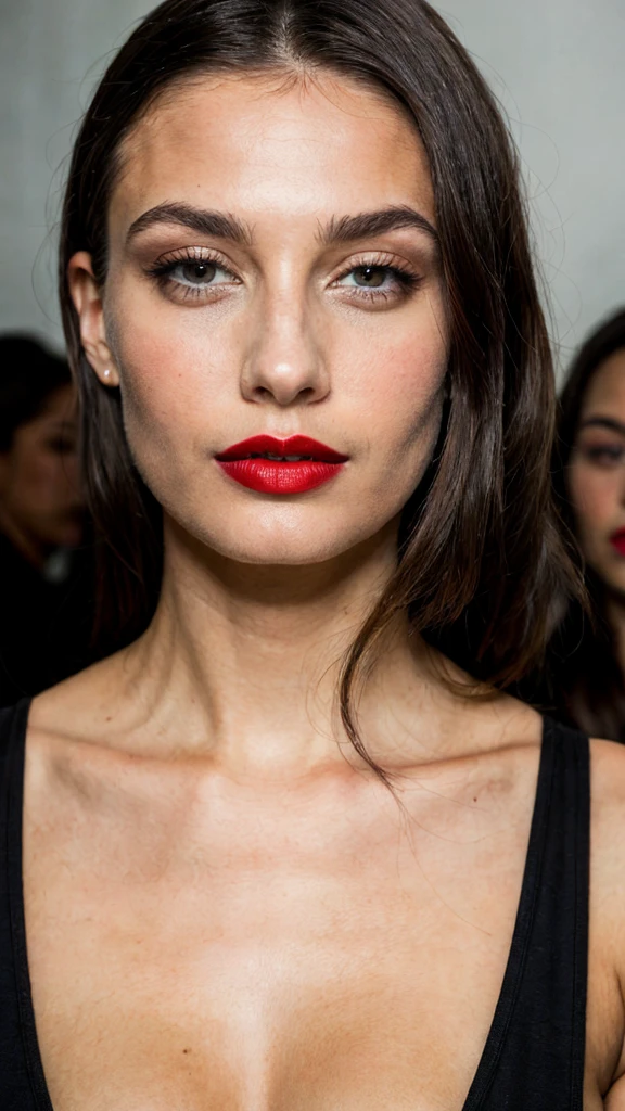 Photoshoot of a woman, Backstage at a show, long dark brown hair, black eyes, red lipstick, ultra realistic