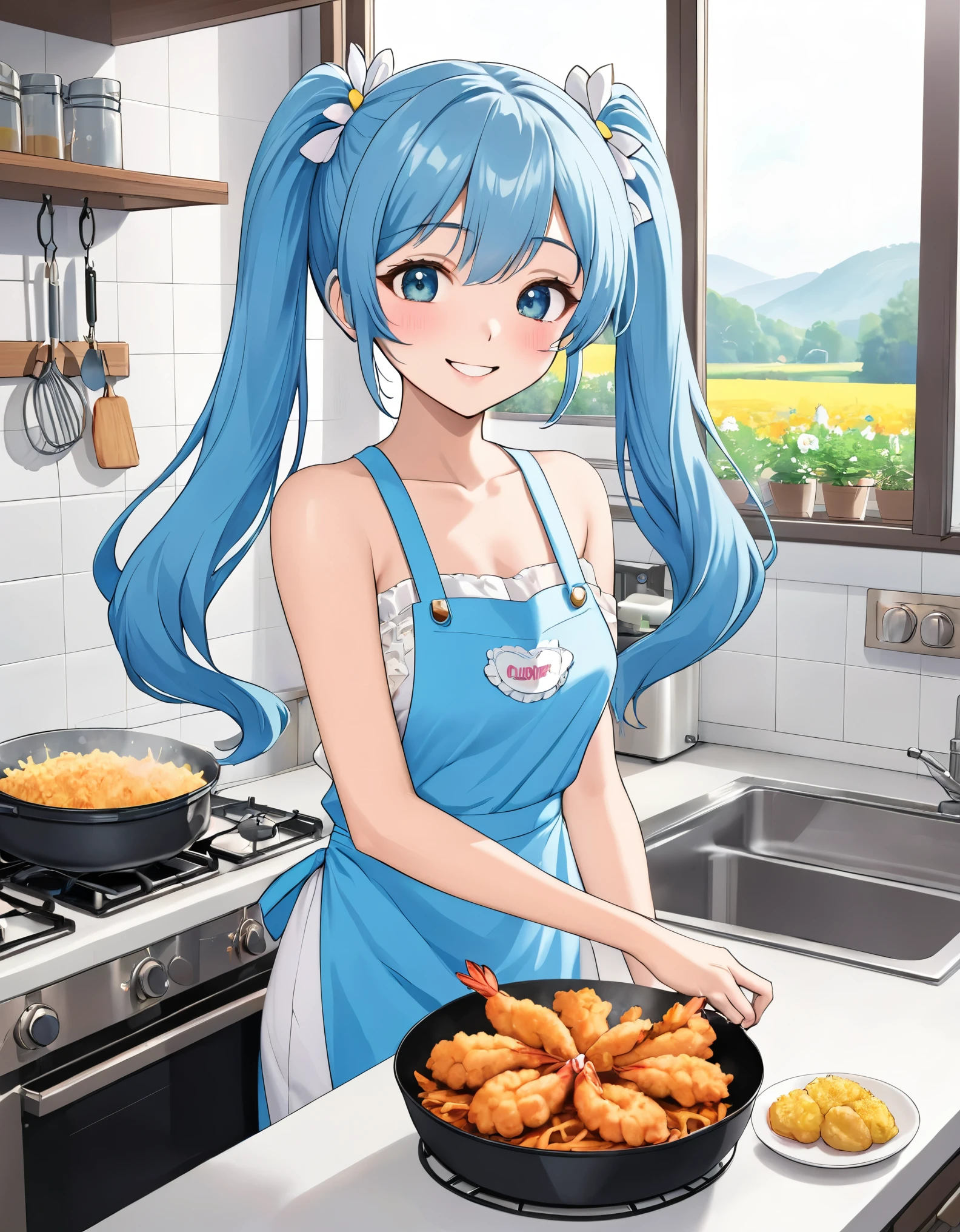Light blue long hair、Beautiful girl with twin tails、Bright kitchen、Outside the window you can see a flower field、They are having fun frying fried chicken and fried shrimp in the fryer.、Bright smile、