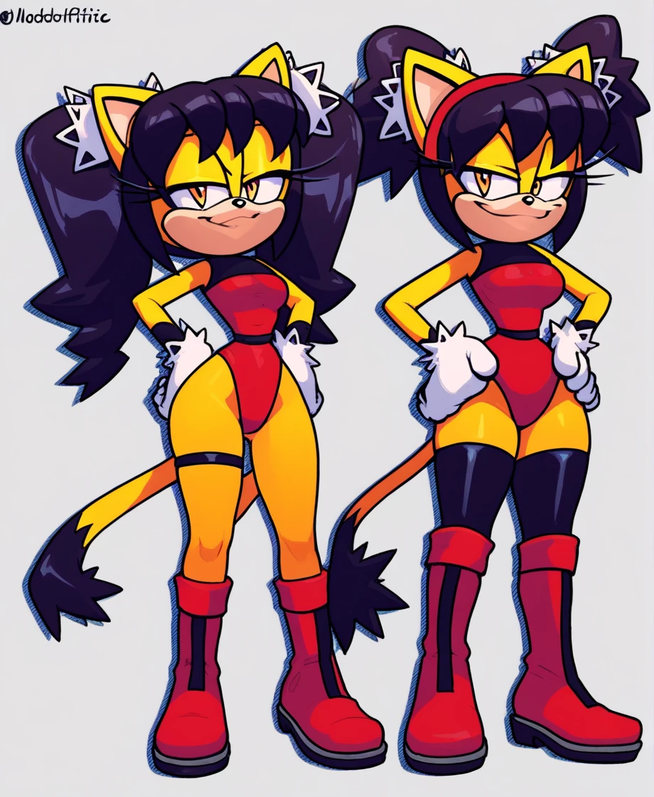 score_9, score_8_up, 2D, flat color, a plain white background with nothing in it, looking at viewer, 1girl, very detailed, extremely detailed, honey the cat from the sonic the hedgehog series, standing, full body, medium breasts, hips, thighs, narrow waist, curvy, frilly hair ties, half-closed eyes, smug smile, red leotard (latex leotard), (black stockings), (red boots), hands on hips