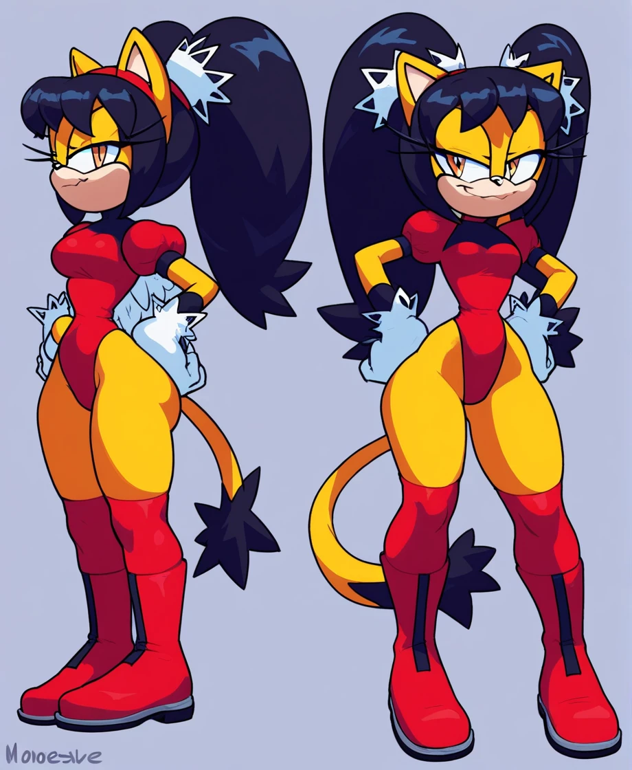 score_9, score_8_up, 2D, flat color, a plain white background with nothing in it, looking at viewer, 1girl, very detailed, extremely detailed, honey the cat from the sonic the hedgehog series, standing, full body, medium breasts, hips, thighs, narrow waist, curvy, frilly hair ties, half-closed eyes, smug smile, red leotard (latex leotard), (black stockings), (red boots), hands on hips